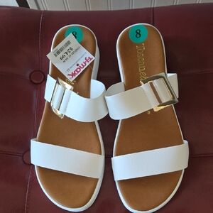White Slide Sandals with Gold Buckle